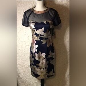 Alex B Nites Chiffon Navy Floral Print Midi Dress  Size 6